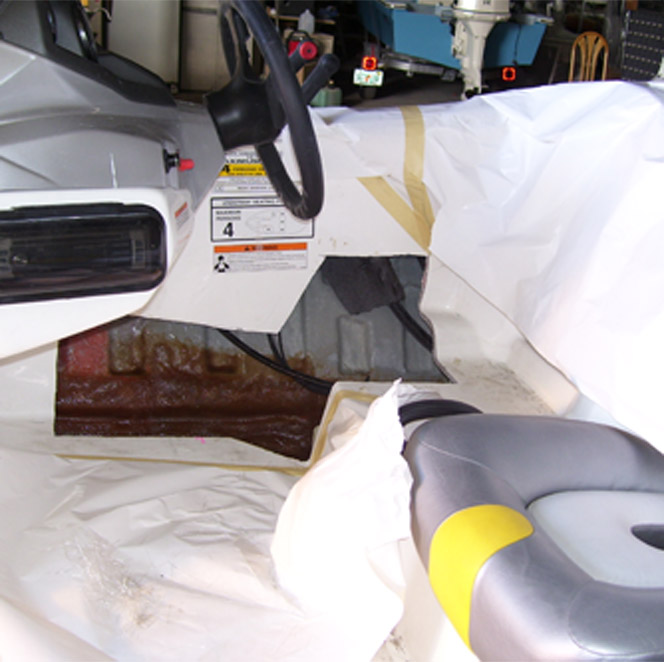 This photo shows the fiberglass repair in progress from the inside of